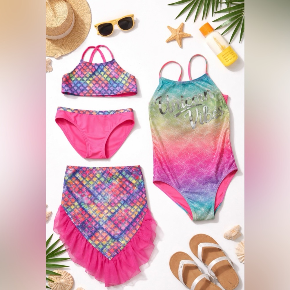 2 Girls Bathing Suits Size 10-12 Large Mermaid 3 Pc Bikini 'Unicorn Vibe